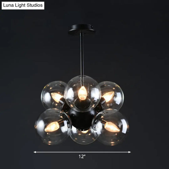 Nordic Bubble Glass Pendant Chandelier: Sleek 6-Bulb Black Hanging Light For Bedroom Clear