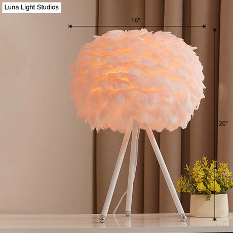 Nordic Goose Feather Sphere Table Lamp With Tripod Stand - Stylish 1-Bulb Night Light