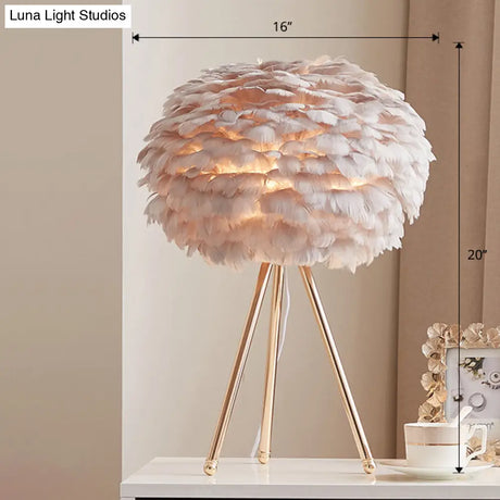 Nordic Goose Feather Sphere Table Lamp With Tripod Stand - Stylish 1-Bulb Night Light