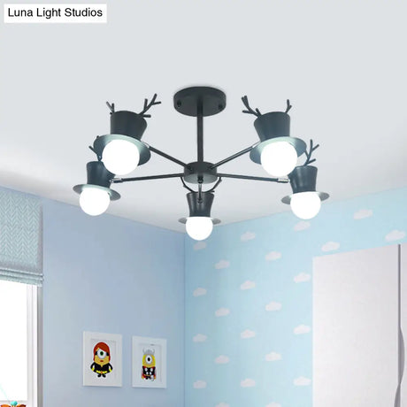 Nordic Grey/Black 5/8-Head Rotatable Chandelier Light With Antler Cap Iron Shade