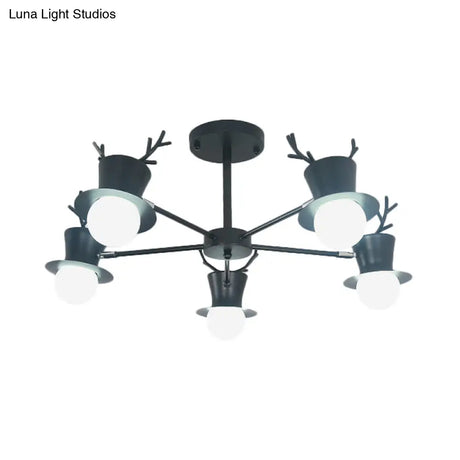 Nordic Grey/Black 5/8-Head Rotatable Chandelier Light With Antler Cap Iron Shade