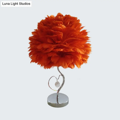 Nordic Grey/Orange/Pink Bedroom Night Lamp - 1-Light Table Light With Feather Shade And Crystal