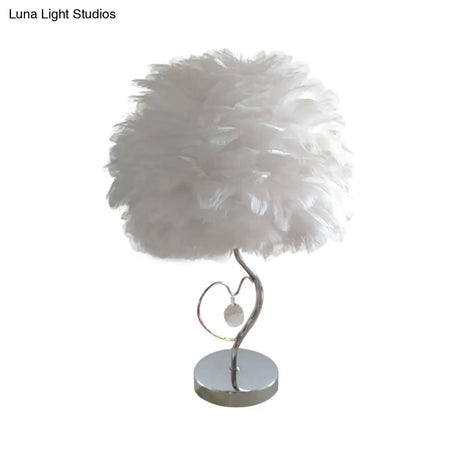 Nordic Grey/Orange/Pink Bedroom Night Lamp - 1-Light Table Light With Feather Shade And Crystal
