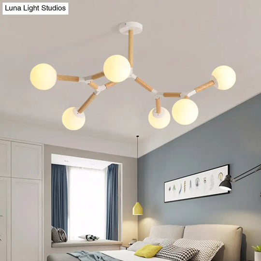Nordic Handblown Glass Chandelier Light With Wood Suspension - Perfect For Dining Room 6 /