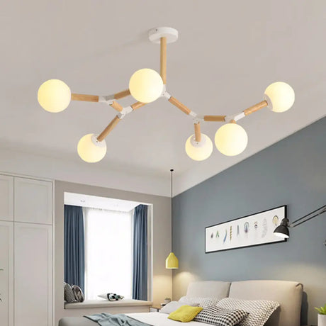 Nordic Handblown Glass Dining Room Chandelier Light With Wood Accent 6 /