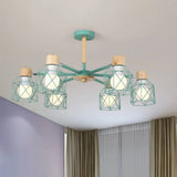 Nordic Iron Cage Semi - Flush Lamp With 3/6/8 - Head Black/Green/Gold Pendant Lighting For Ceiling