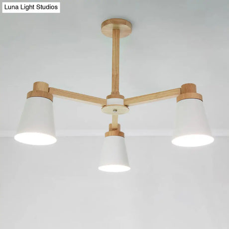Nordic Iron Chandelier With Wooden Arm - Stylish Conical Suspension Light For Living Room