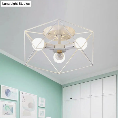 Nordic Iron Flush Mount Ceiling Light With Hexagon Cage | White| 3/6 Bare Bulb - Lit Fixtures