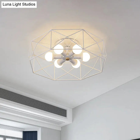 Nordic Iron Flush Mount Ceiling Light With Hexagon Cage | White| 3/6 Bare Bulb - Lit Fixtures