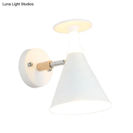 Nordic Iron Single Bulb Sconce Light - Rotatable Cone Wine Cup Wall Mounted Lamp With Wood Accent