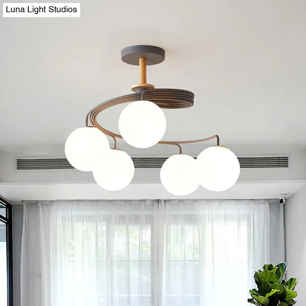 Nordic Iron Swirl Flush Chandelier: 5 Bulbs Grey/Green Ceiling Light With Orb Glass Shade And Wood