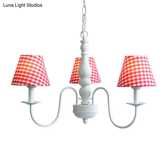 Nordic Kids Chandelier - Restaurant Plaid Fabric Suspension Light With 3 Bulbs