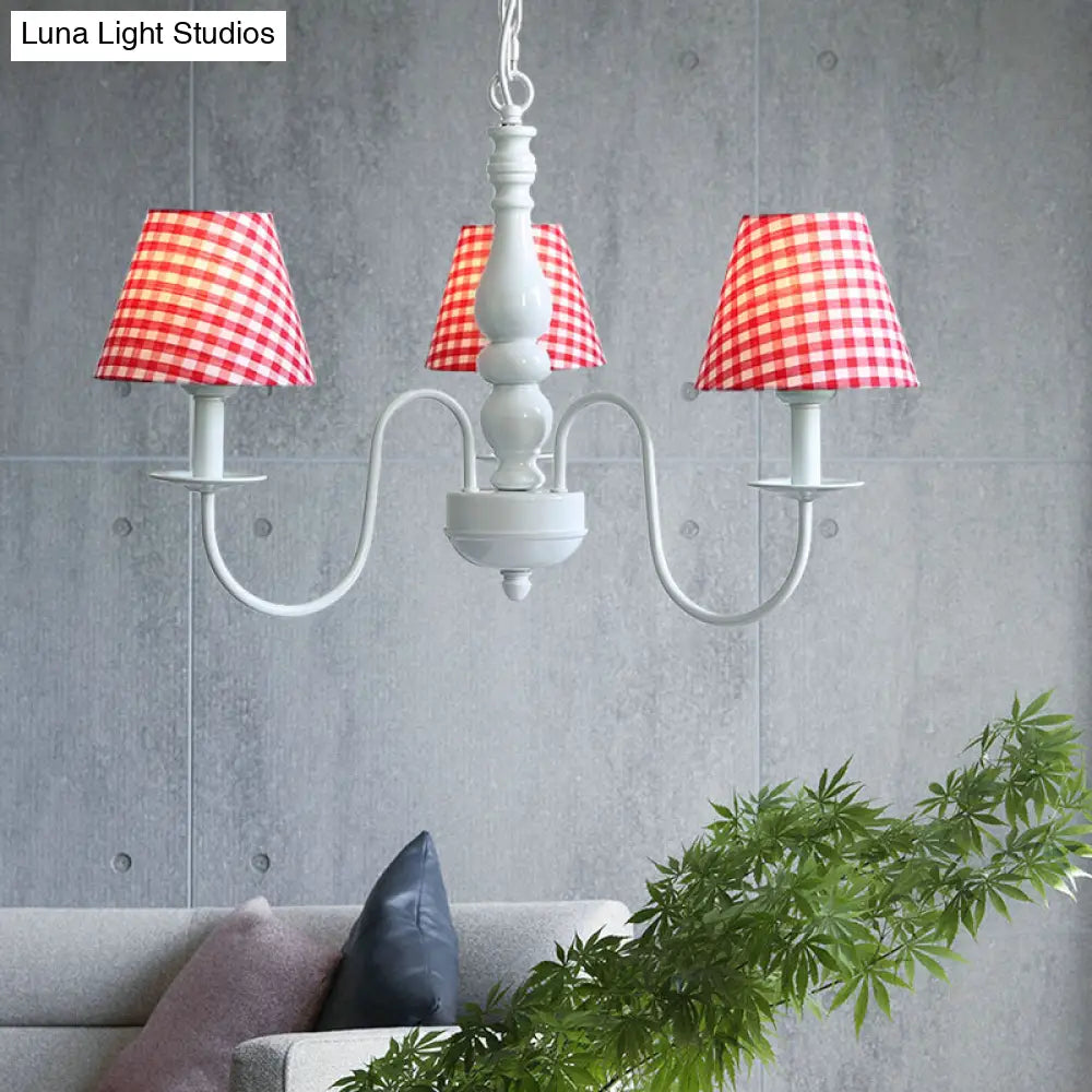 Nordic Kids Chandelier - Restaurant Plaid Fabric Suspension Light With 3 Bulbs