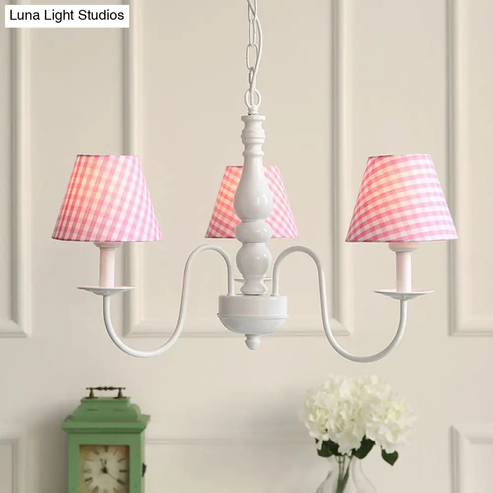 Nordic Kids Chandelier - Restaurant Plaid Fabric Suspension Light With 3 Bulbs