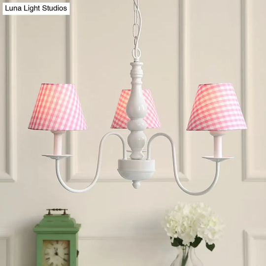 Nordic Kids Chandelier - Restaurant Plaid Fabric Suspension Light With 3 Bulbs