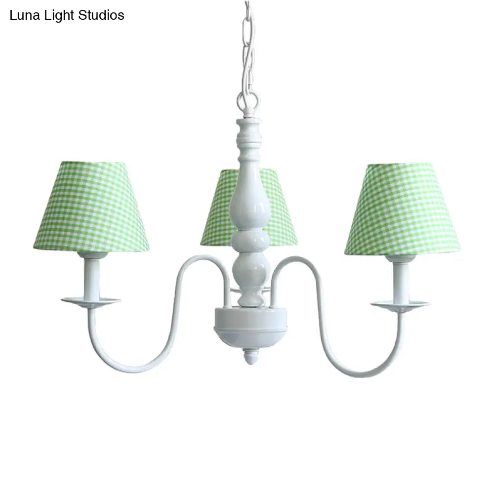 Nordic Kids Chandelier - Restaurant Plaid Fabric Suspension Light With 3 Bulbs