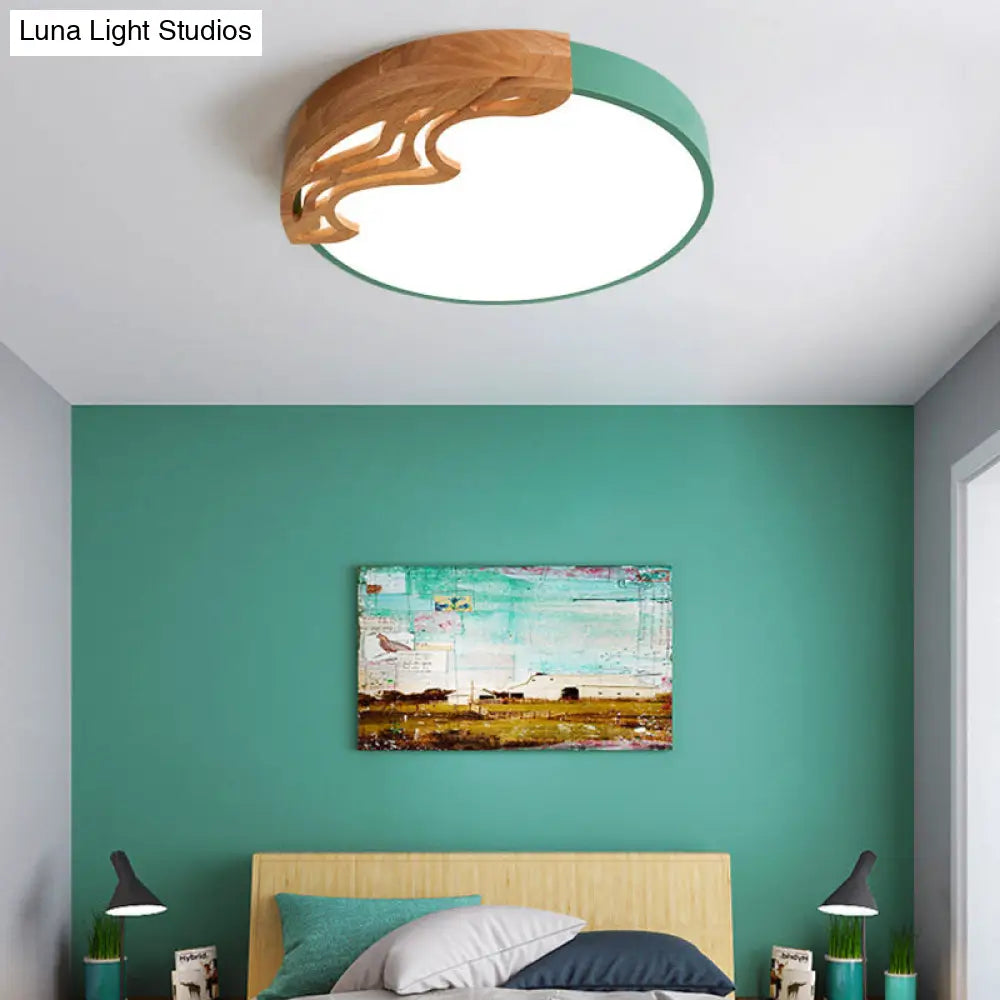 Nordic Led Ceiling Light- Thin Round Acrylic Flushmount With Wavy Wood Pattern White/Grey/Green