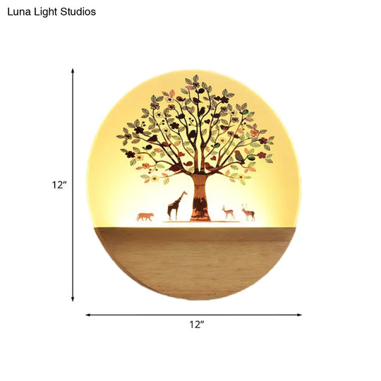 Nordic Led Wall Light With Wood Tree And Animal/Flowering Print Design Acrylic Shade Included