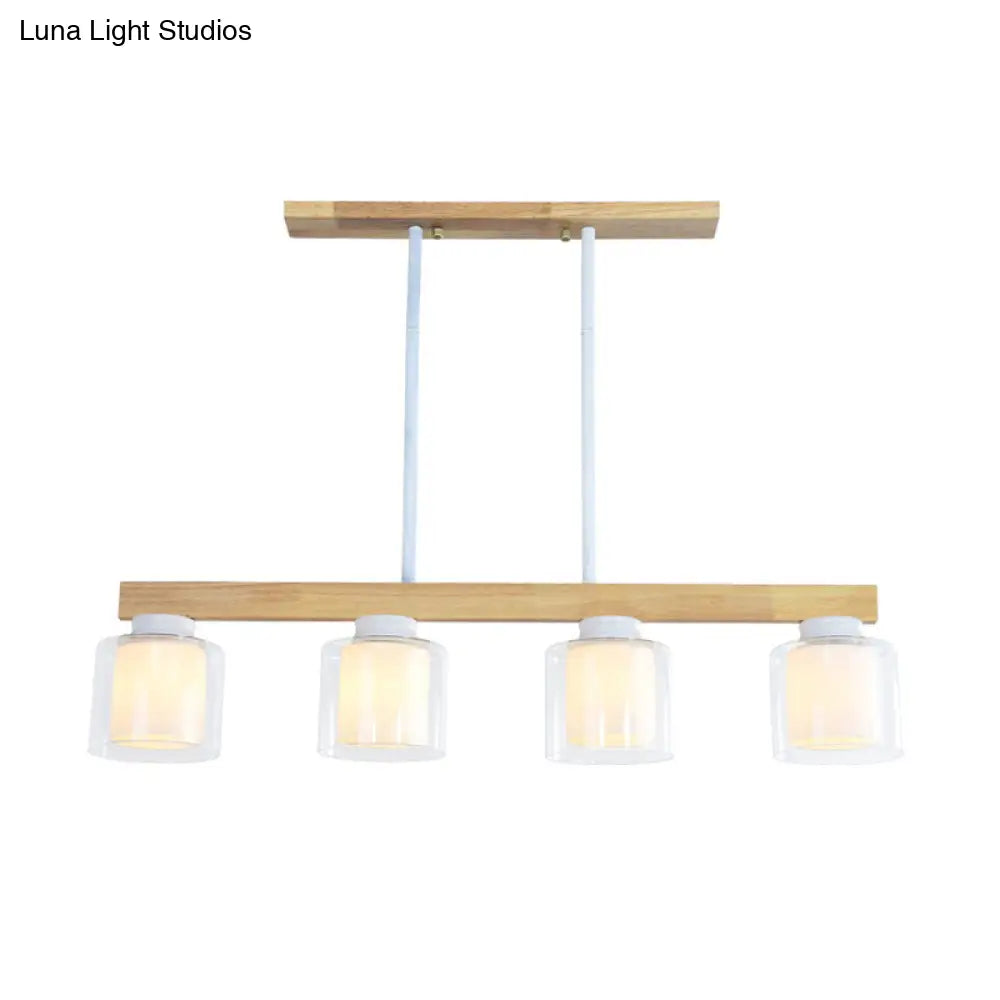 Nordic Linear Wood Island Light With White Glass Shades - 3/4 Heads Dining Room Hanging Lamp
