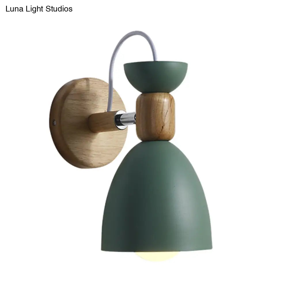 Nordic Macaroon Wall Mount Sconce: Wood Arm And Metal Shade Green