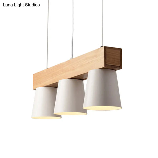 Nordic Metal 3-Head Conical Frustum Pendant Light - White Island Suspension Lamp With Wood Beam