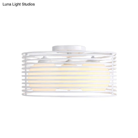 Nordic Metal 3 - Light Semi Flush Mount Lamp With Round Iron Cage For Bedroom Ceiling - Black/White