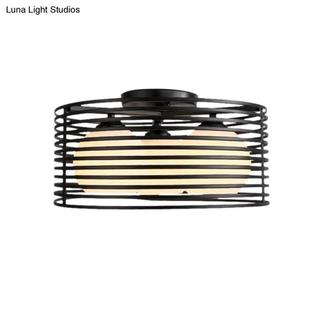 Nordic Metal 3 - Light Semi Flush Mount Lamp With Round Iron Cage For Bedroom Ceiling - Black/White