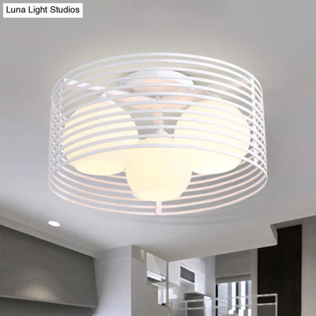 Nordic Metal 3 - Light Semi Flush Mount Lamp With Round Iron Cage For Bedroom Ceiling - Black/White