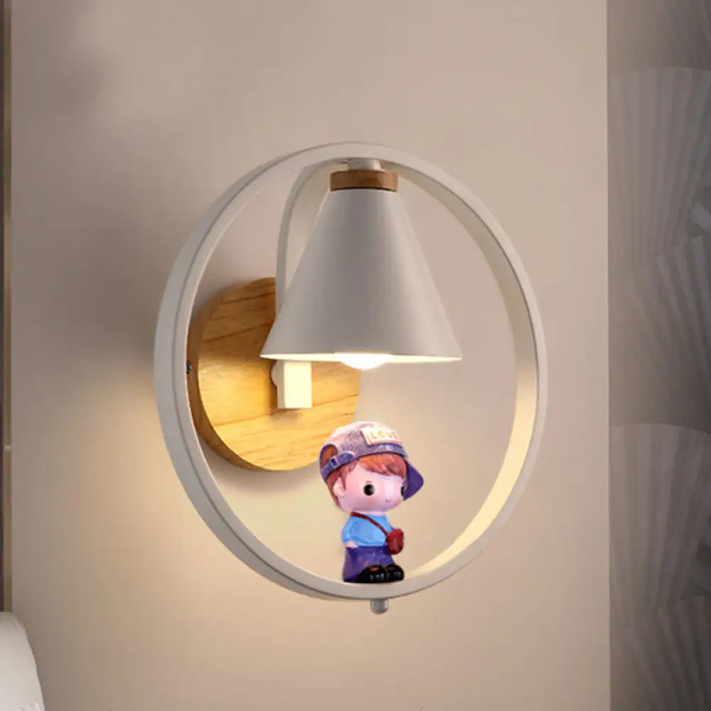 Nordic Metal Cone Shade Wall Lighting - 1 Light Black/White Finish Mount Lamp With Charming Boy Deco