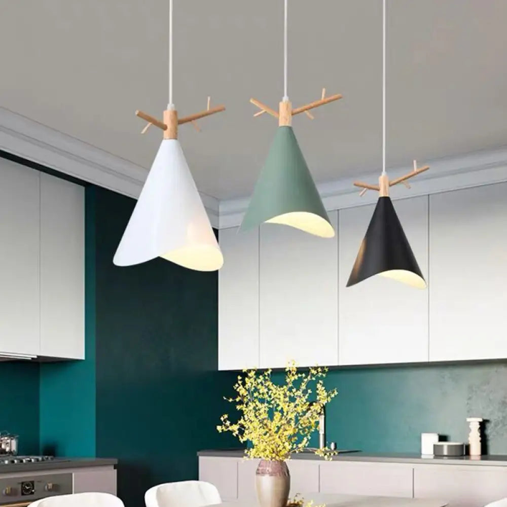 Nordic Metal Conical Multi-Ceiling Light With 3 Bulbs - White-Wood Drop Pendant Wavy Edge And Antler