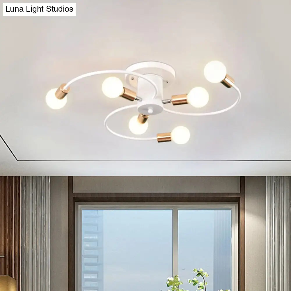 Nordic Metal Gold/Black Swirl Semi Flush Mount Ceiling Light - 6 Lights For Living Room