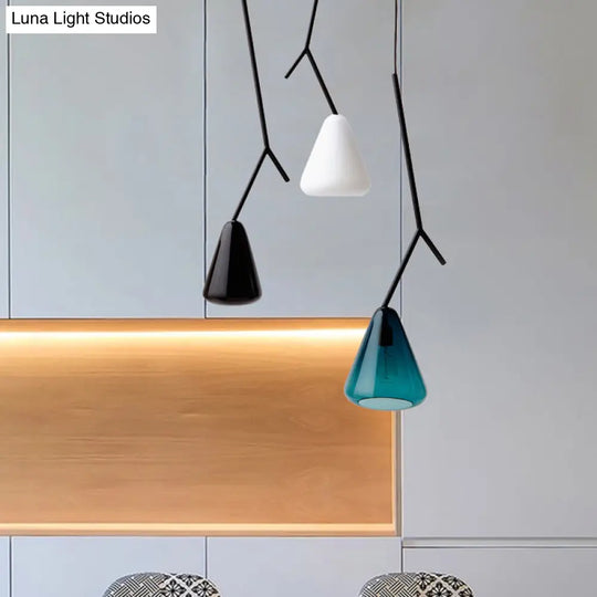 Nordic Metal Pendant Light With Down Lighting & Conical Blue/Black/White Glass Shade