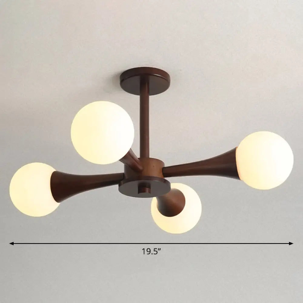 Nordic Milky Glass Bedroom Chandelier With Wooden Arm - Burst Ball Suspension Light 4 / Brown
