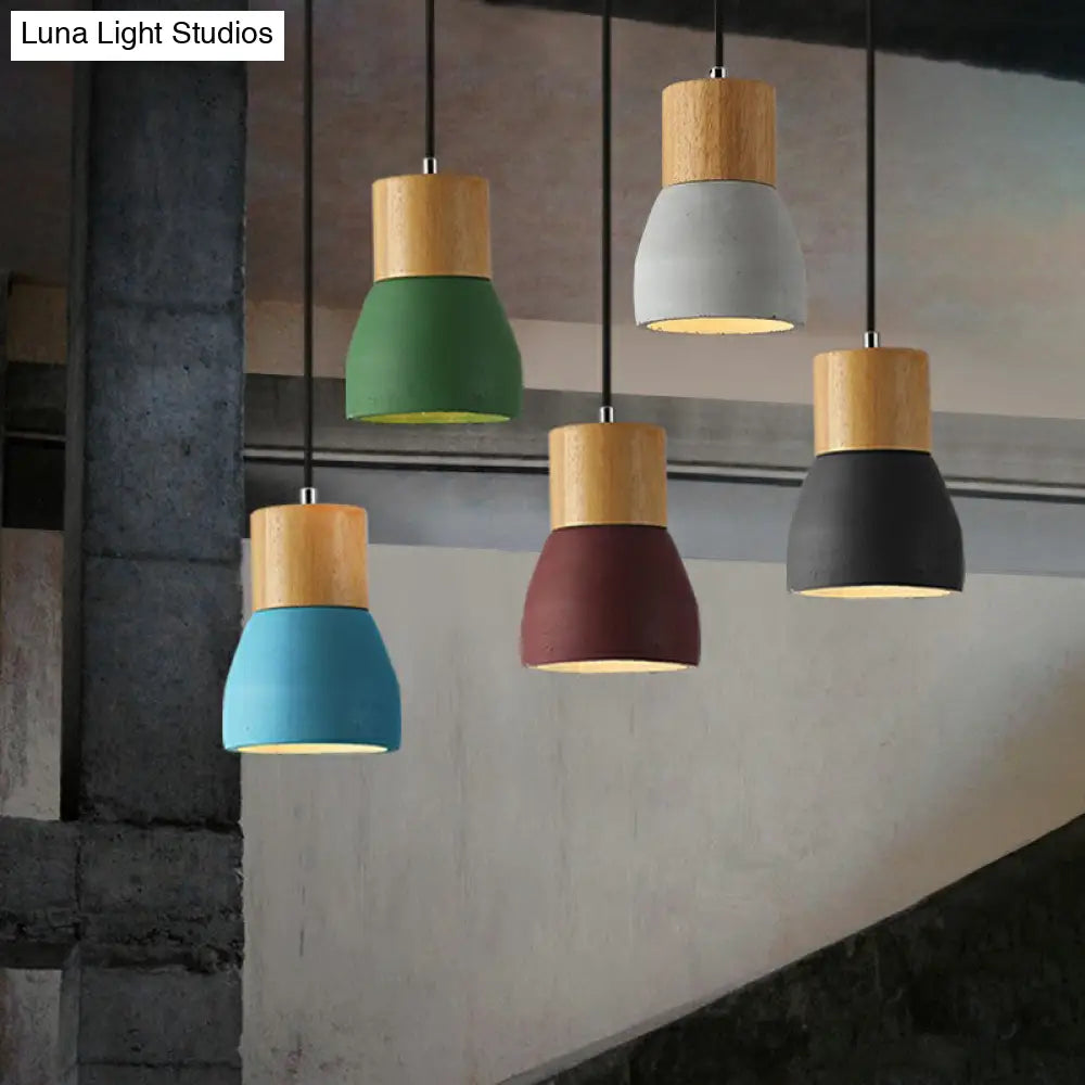 Nordic Mini Pendant Light With Cement Shade And Wood Top - Single-Bulb Ceiling Fixture For
