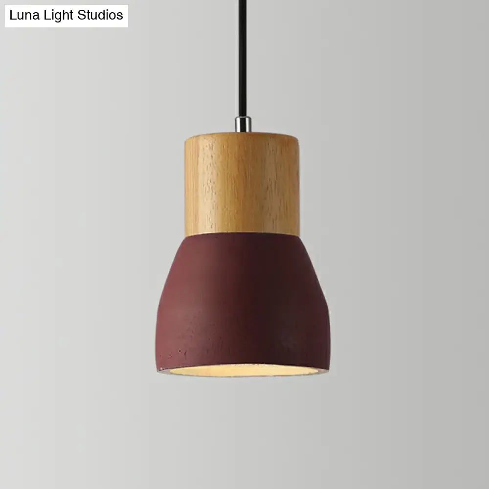 Nordic Cement Mini Pendant Ceiling Light With Wooden Top - Single-Bulb Restaurant Lighting Burgundy