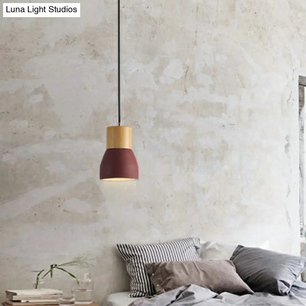 Nordic Mini Pendant Light With Cement Shade And Wood Top - Single-Bulb Ceiling Fixture For