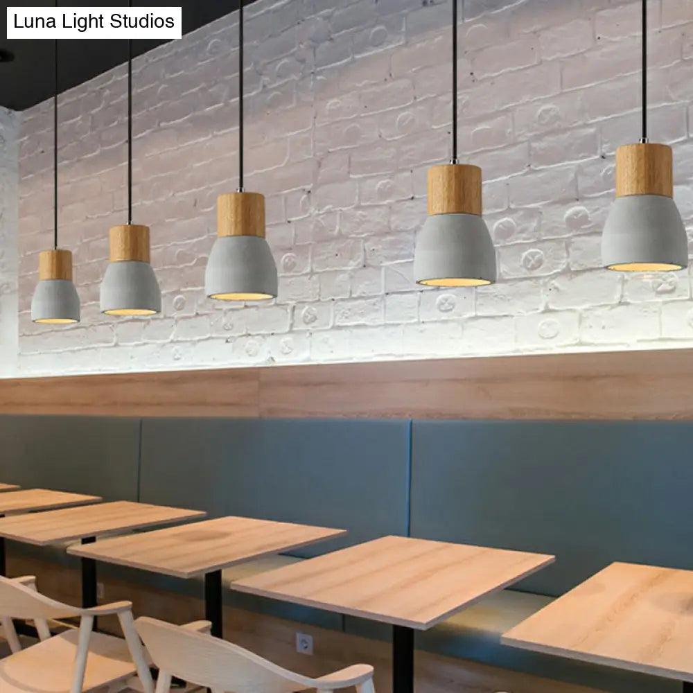 Nordic Mini Pendant Light With Cement Shade And Wood Top - Single-Bulb Ceiling Fixture For