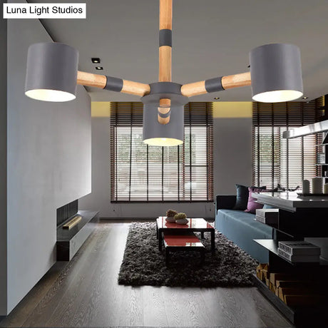 Nordic Modern Hanging Light - Cylinder Shade For Boys Bedroom Chandelier Metal & Wood Design