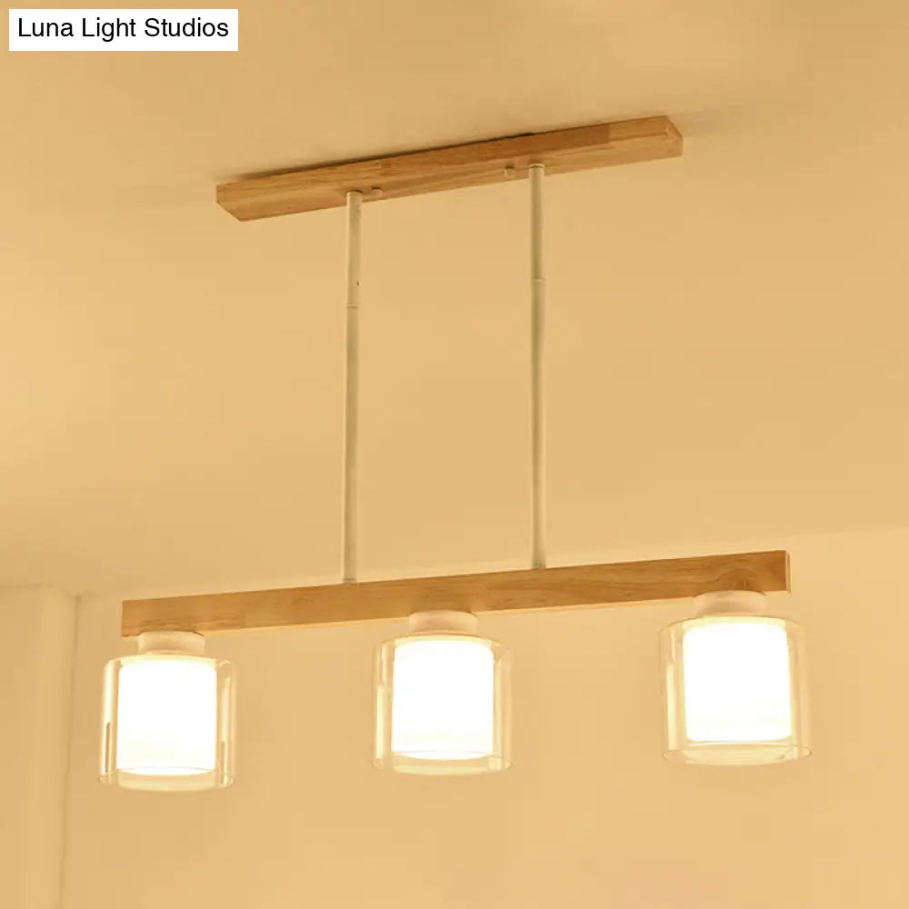 Nordic Modern Wood Island Pendant With Glass Lampshade Hanging Lamp 3 / White