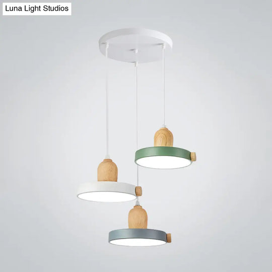 Nordic Pot Lid Led Pendant Lamp: Acrylic 3-Head Ceiling Light For Dining Room In White/Wood