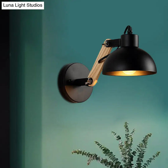 Nordic Rotatable Wall Light With Bowl Shade - 1-Light Metal Sconce In Black/White-Wood