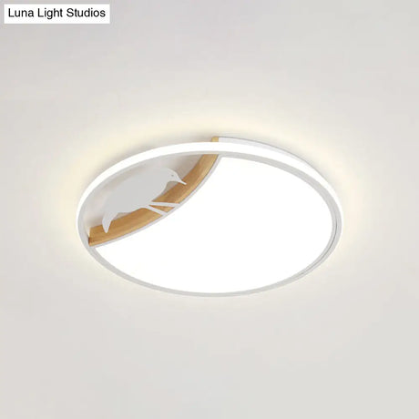 Nordic Round Led Flush Mount With Bird Deco - White/Grey/Green Acrylic Fixture