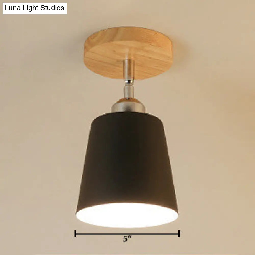 Nordic Semi-Flush Mount Ceiling Light With Tapered Shade In Black/White – 1 Bulb Wooden Canopy