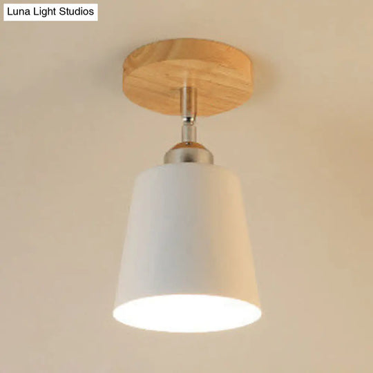 Nordic Semi-Flush Mount Ceiling Light With Tapered Shade In Black/White 1 Bulb Wooden Canopy White