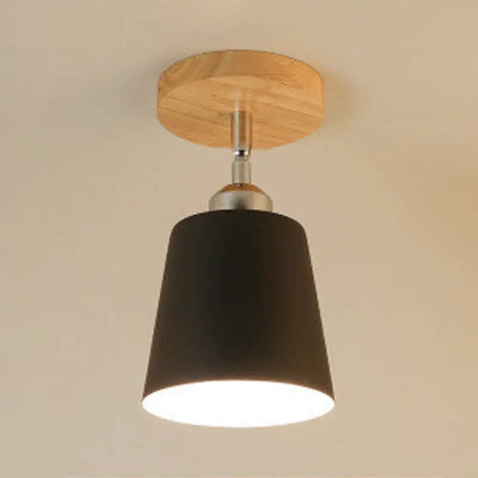 Nordic Semi-Flush Mount Ceiling Light With Tapered Shade In Black/White – 1 Bulb Wooden Canopy Black