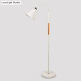 Nordic Single Floor Lamp - Black/White & Wood Gooseneck Standing Light With Cone Shade