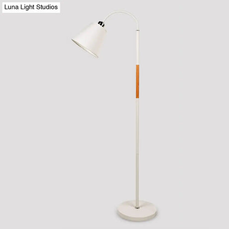 Nordic Single Floor Lamp - Black/White & Wood Gooseneck Standing Light With Cone Shade