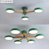 Nordic Snowflake Chandelier: Acrylic Wood Hanging Light Pink & Green - Ideal For Kindergarten