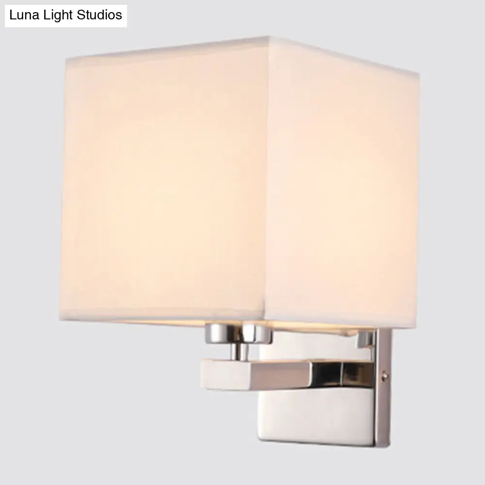 Nordic Style Beige Cube Wall Light - 1 Head Fabric Mounted Fixture For Bedroom