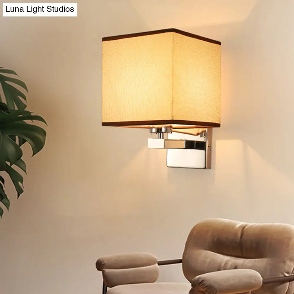Nordic Style Beige Cube Wall Light - 1 Head Fabric Mounted Fixture For Bedroom